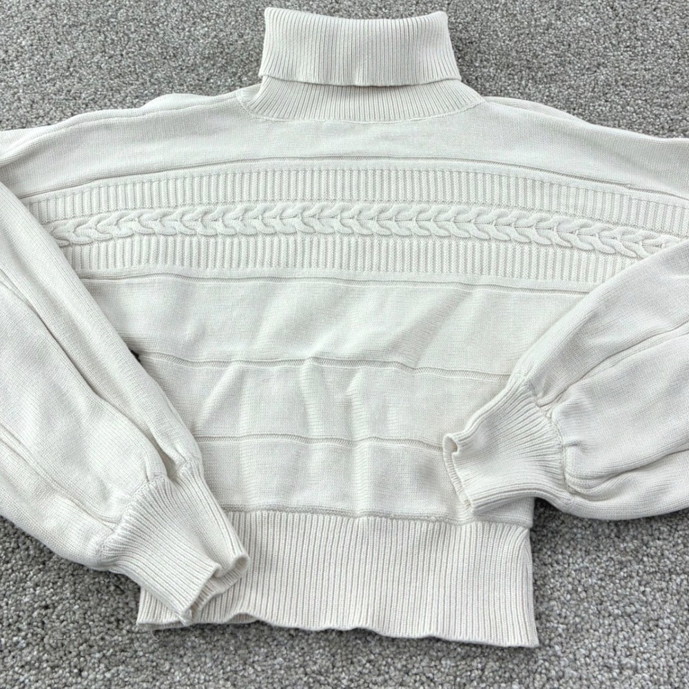 Guess Cream Knit Turtleneck Sweater Balloon Sleeve Cable‎ Knit Casual Retro VTG